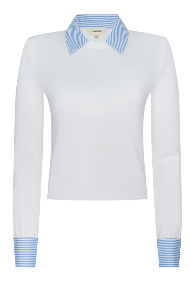 APRIL POPLIN COLLAR TOP in WHITE/BLUE STRIPE-L'AGENCE-FLOW BY NICOLE CANADA