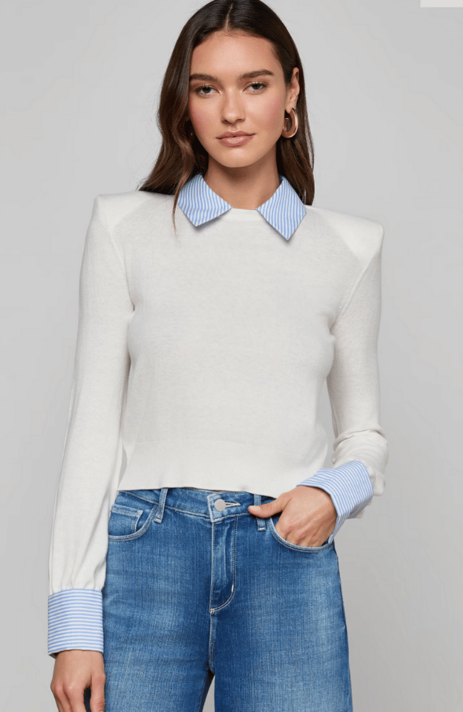 APRIL POPLIN COLLAR TOP in WHITE/BLUE STRIPE-L'AGENCE-FLOW BY NICOLE CANADA