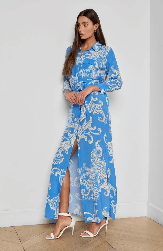 CAMERON SILK SHIRT DRESS in REGATTA BLUE/IVORY LARGE PAISLEY-L'AGENCE-FLOW BY NICOLE CANADA