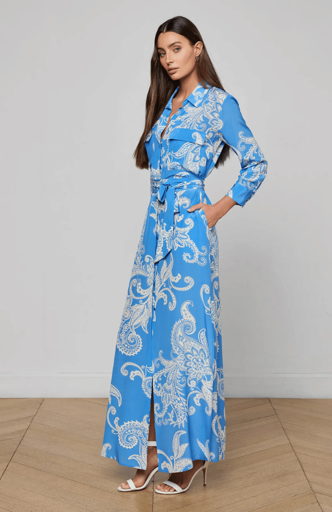 CAMERON SILK SHIRT DRESS in REGATTA BLUE/IVORY LARGE PAISLEY-L'AGENCE-FLOW BY NICOLE CANADA