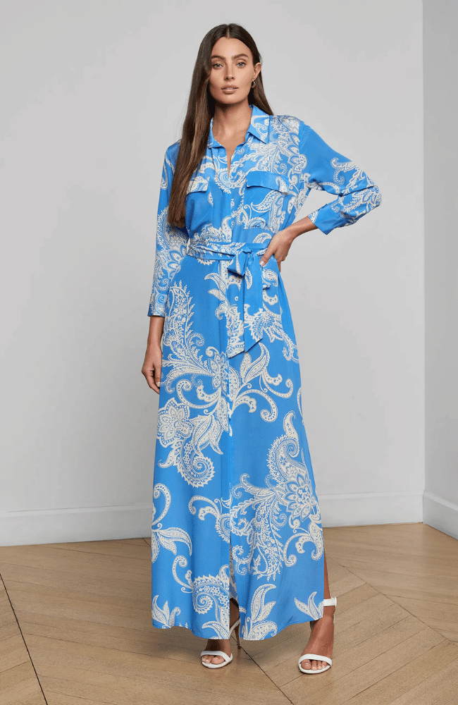 CAMERON SILK SHIRT DRESS in REGATTA BLUE/IVORY LARGE PAISLEY-L'AGENCE-FLOW BY NICOLE CANADA