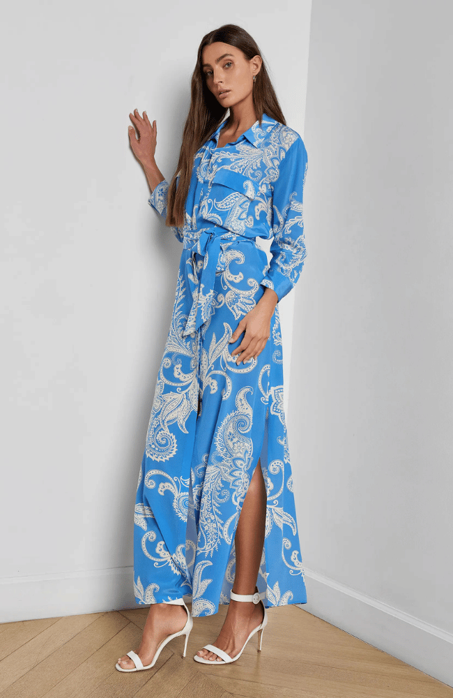 CAMERON SILK SHIRT DRESS in REGATTA BLUE/IVORY LARGE PAISLEY-L'AGENCE-FLOW BY NICOLE CANADA