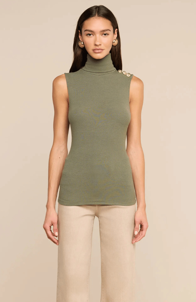 CECI SLEEVELESS TURTLENECK in  ASH OLIVE/GOLD