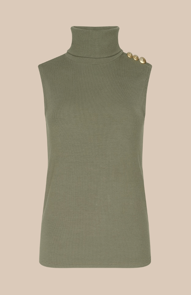 CECI SLEEVELESS TURTLENECK in  ASH OLIVE/GOLD