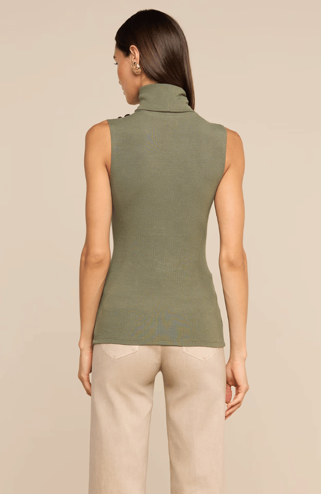 CECI SLEEVELESS TURTLENECK in  ASH OLIVE/GOLD