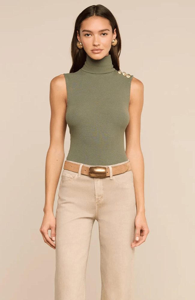 CECI SLEEVELESS TURTLENECK in  ASH OLIVE/GOLD