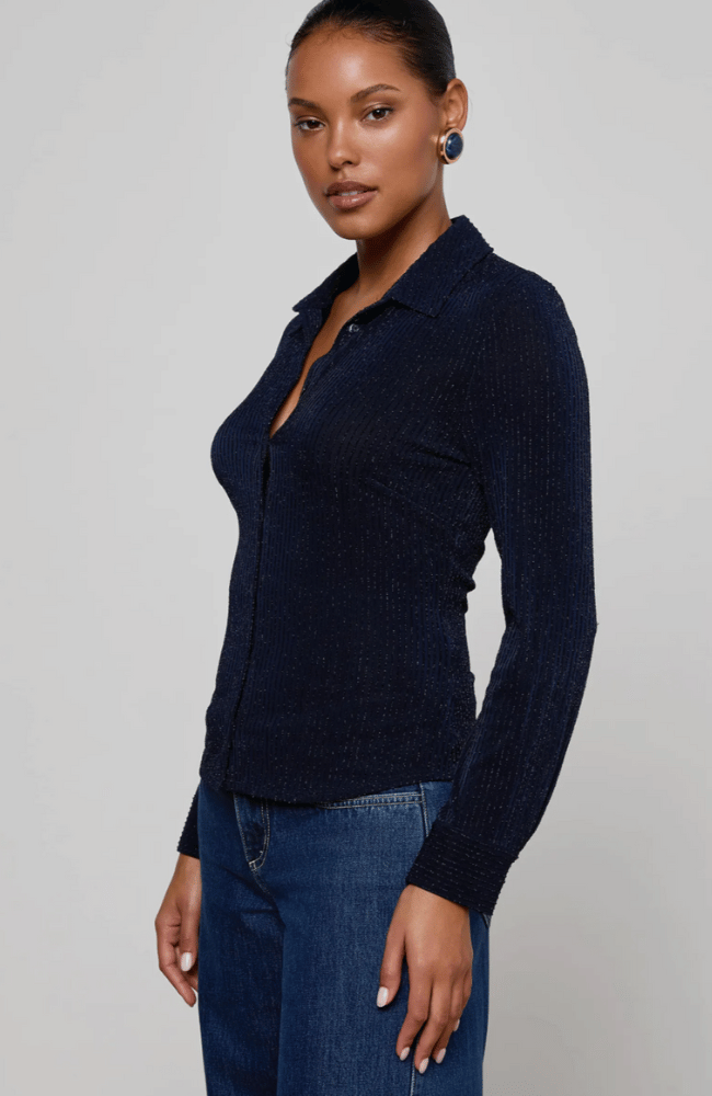 INDIANA FITTED BLOUSE in MIDNIGHT METALLIC PINSTRIPE-L'AGENCE-FLOW BY NICOLE CANADA