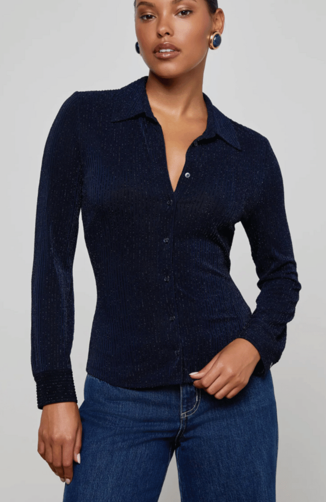 INDIANA FITTED BLOUSE in MIDNIGHT METALLIC PINSTRIPE-L'AGENCE-FLOW BY NICOLE CANADA