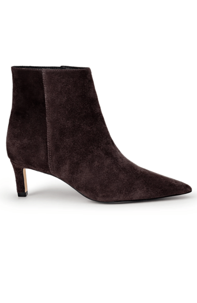 LILLY KITTEN HEEL BOOTIE in DARK SUEDE BROWN-L'AGENCE-FLOW BY NICOLE CANADA