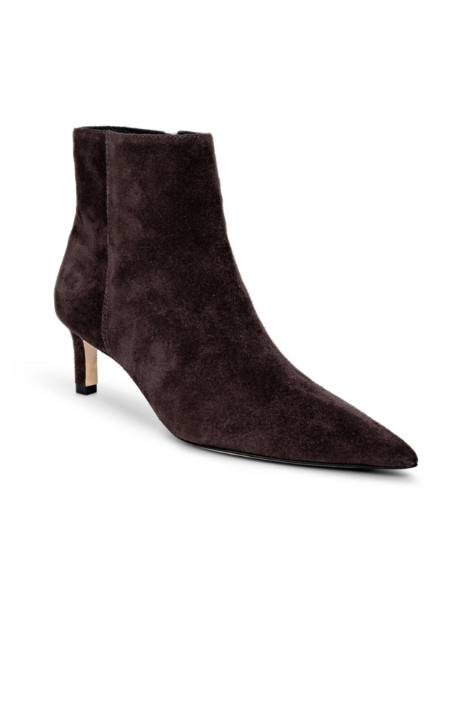 LILLY KITTEN HEEL BOOTIE in DARK SUEDE BROWN-L'AGENCE-FLOW BY NICOLE CANADA