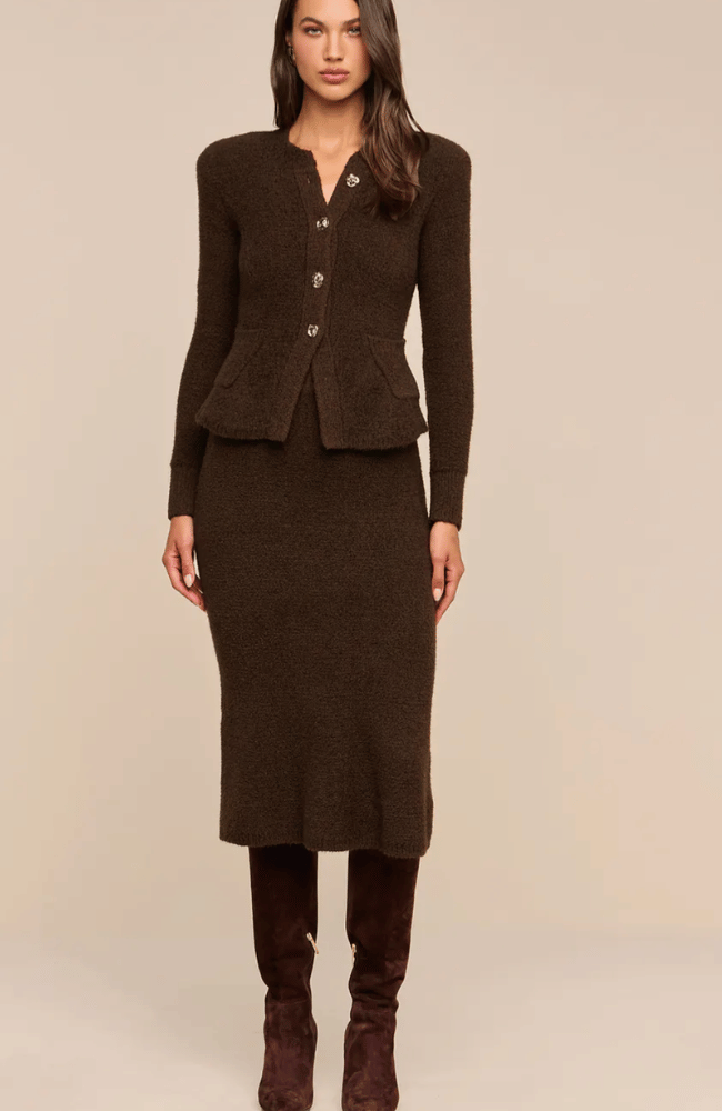 MELISSSA KNIT FLARE CARDIGAN in DARK BROWN