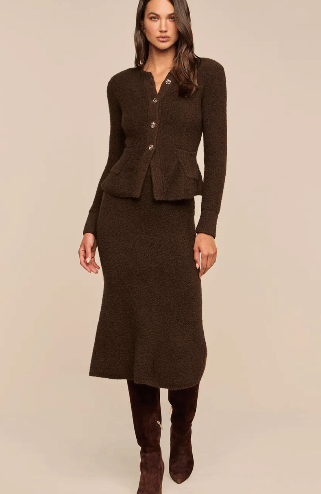 MELISSSA KNIT FLARE CARDIGAN in DARK BROWN