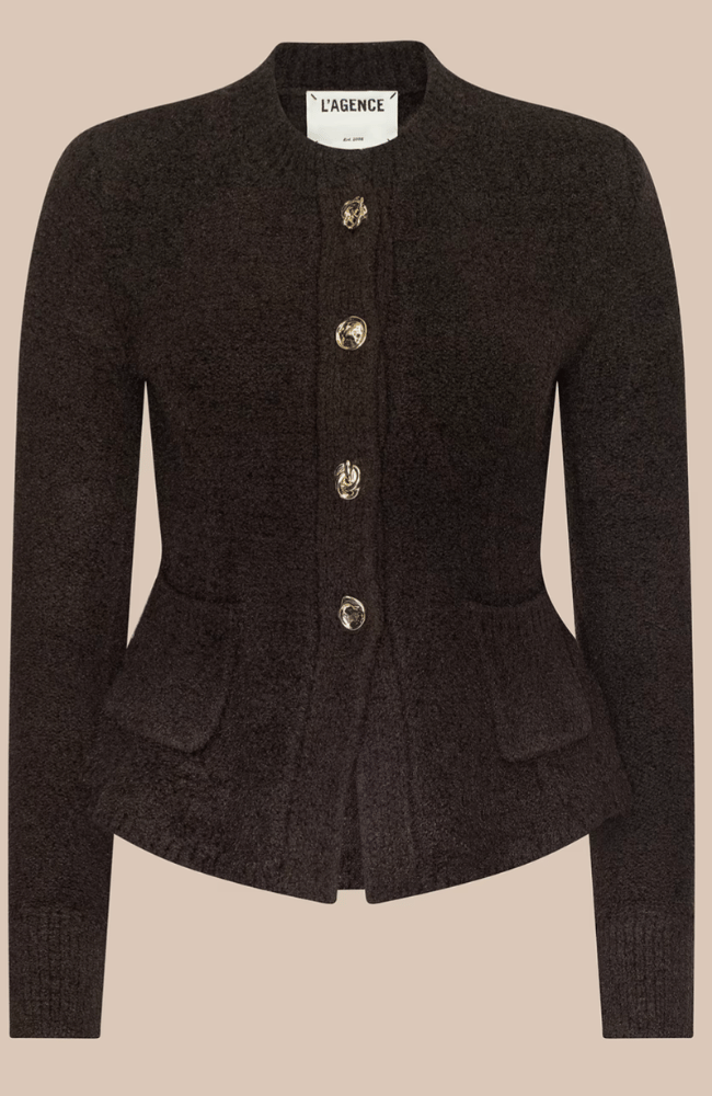 MELISSSA KNIT FLARE CARDIGAN in DARK BROWN