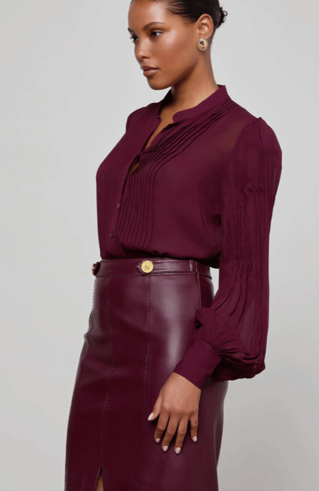 NOOR MANDARIN PLESTED BLOUSE in DARK PORT-L'AGENCE-FLOW BY NICOLE CANADA