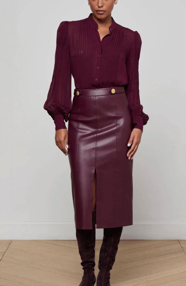 NOOR MANDARIN PLESTED BLOUSE in DARK PORT-L'AGENCE-FLOW BY NICOLE CANADA