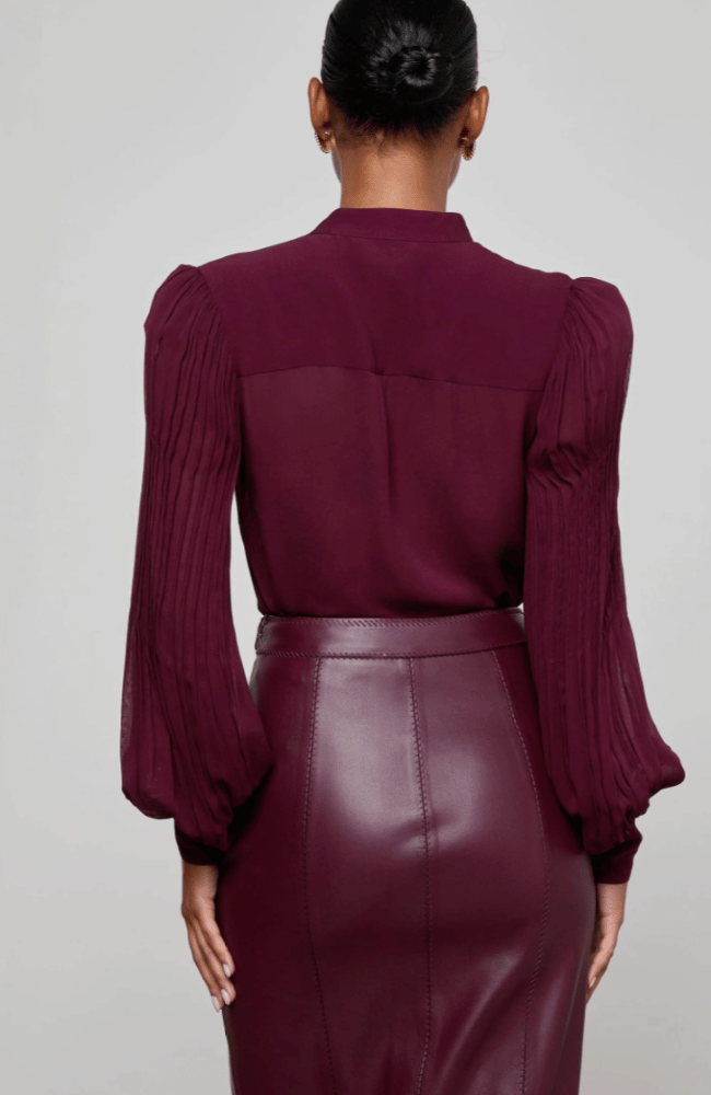 NOOR MANDARIN PLESTED BLOUSE in DARK PORT-L'AGENCE-FLOW BY NICOLE CANADA