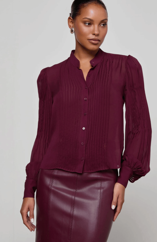 NOOR MANDARIN PLESTED BLOUSE in DARK PORT-L'AGENCE-FLOW BY NICOLE CANADA
