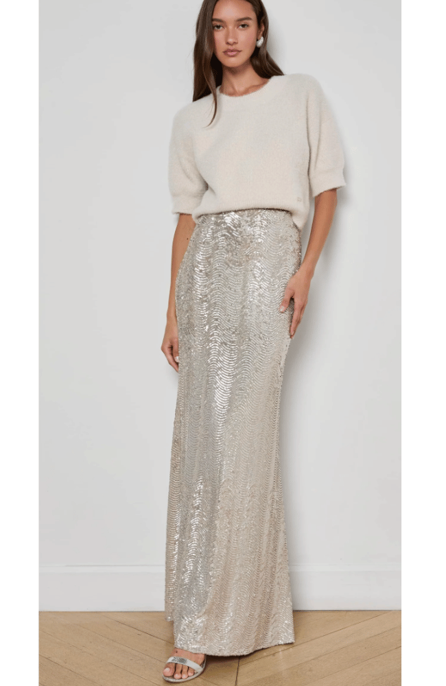 SEQUIN ZETA MAXI SKIRT in SILVER-L'AGENCE-FLOW BY NICOLE CANADA