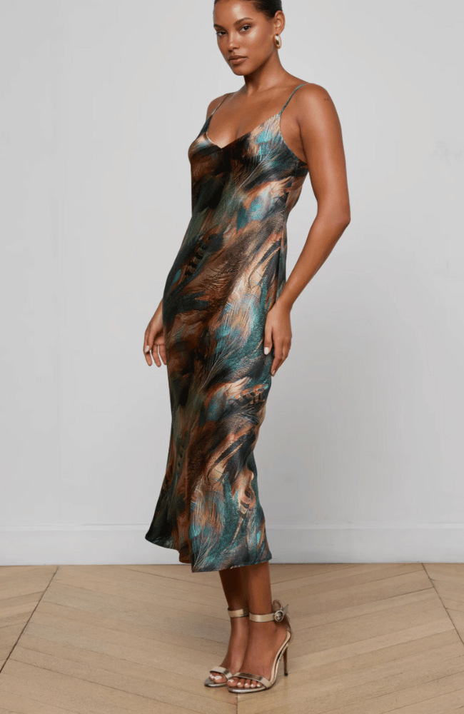 SERIDIE SILK SLIP DRESS in TEAL MULTI FEATHER-L'AGENCE-FLOW BY NICOLE CANADA