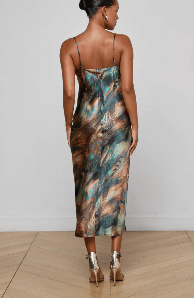 SERIDIE SILK SLIP DRESS in TEAL MULTI FEATHER-L'AGENCE-FLOW BY NICOLE CANADA