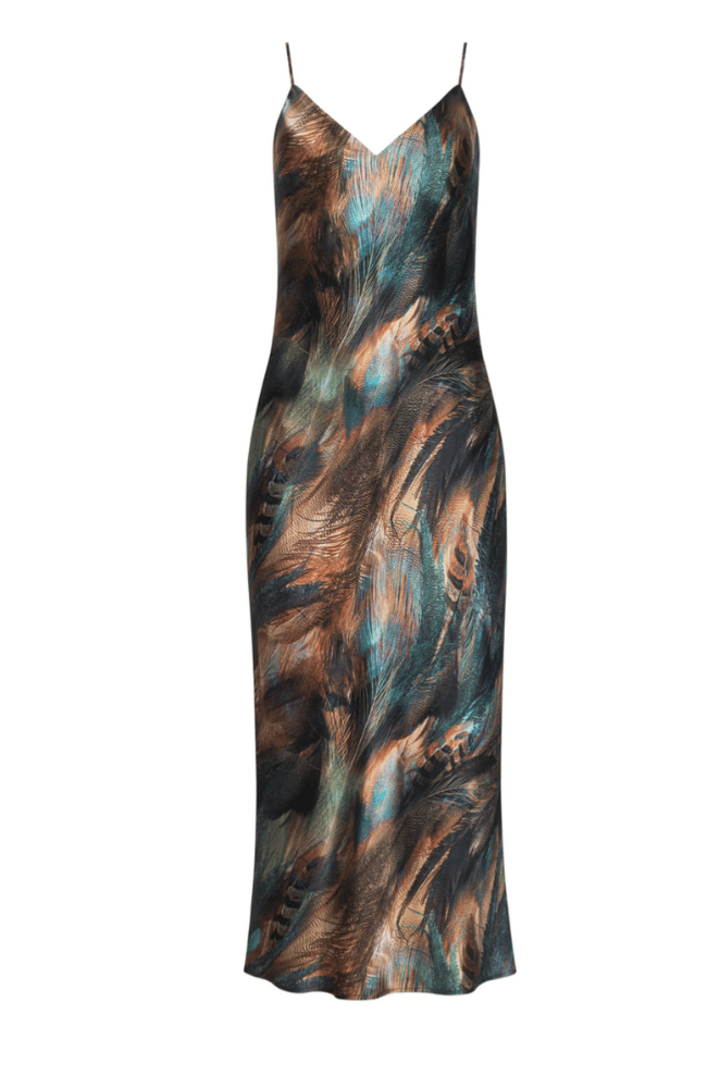 SERIDIE SILK SLIP DRESS in TEAL MULTI FEATHER-L'AGENCE-FLOW BY NICOLE CANADA
