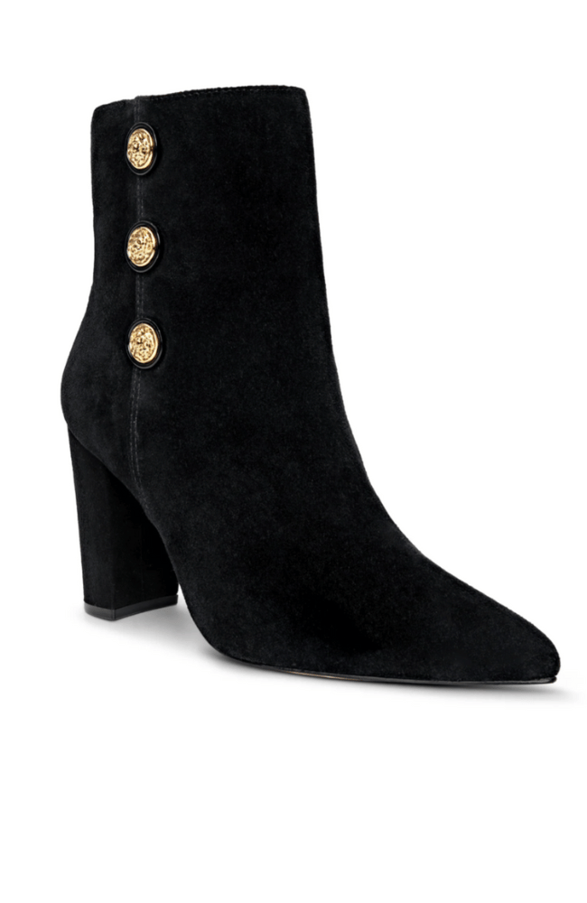 THEODORA BLOCK-HEEL BOOTIE in BLACK SUEDE/GOLD-L'AGENCE-FLOW BY NICOLE CANADA