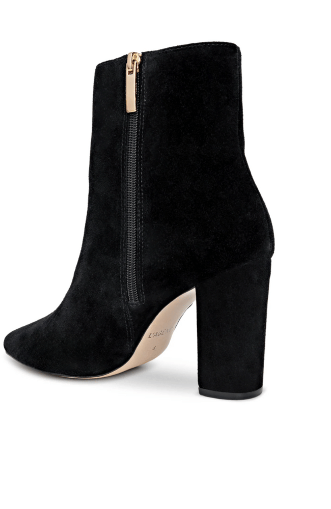 THEODORA BLOCK-HEEL BOOTIE in BLACK SUEDE/GOLD-L'AGENCE-FLOW BY NICOLE CANADA