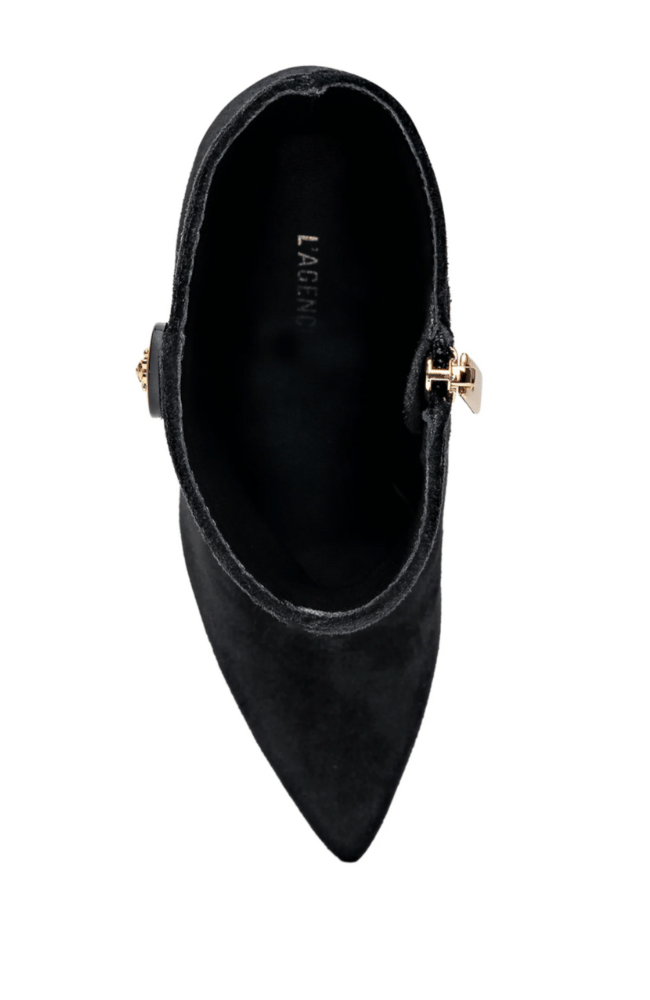 THEODORA BLOCK-HEEL BOOTIE in BLACK SUEDE/GOLD-L'AGENCE-FLOW BY NICOLE CANADA