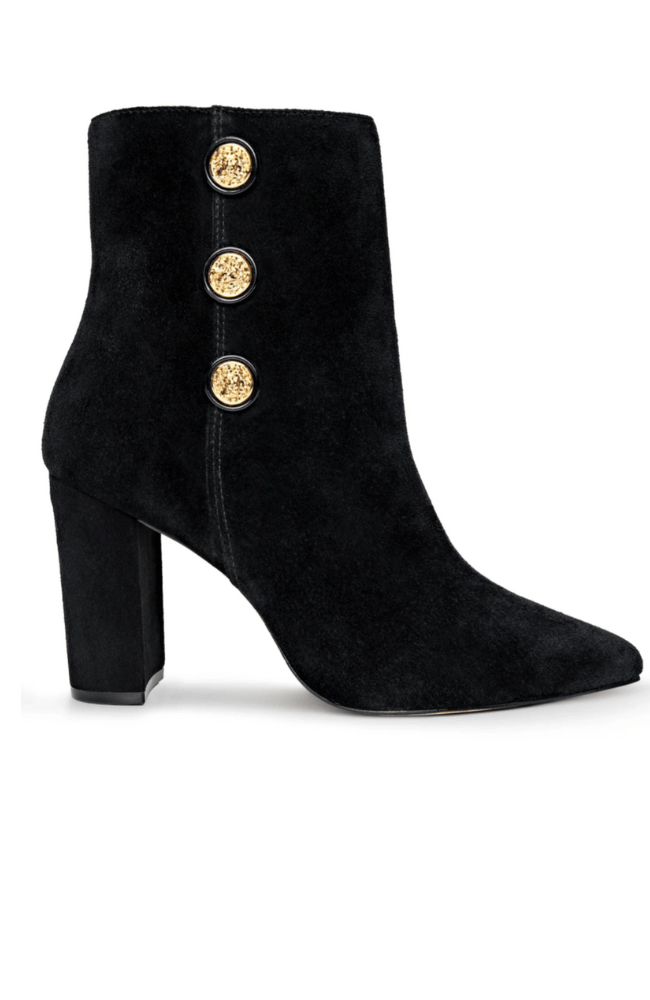 THEODORA BLOCK-HEEL BOOTIE in BLACK SUEDE/GOLD-L'AGENCE-FLOW BY NICOLE CANADA