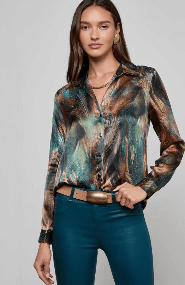 TYLER BLOUSE in TEAL MIX MULTI FEATHER-L'AGENCE-FLOW BY NICOLE CANADA