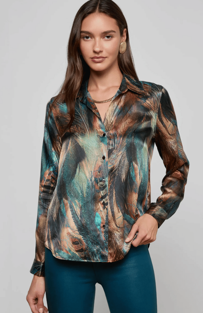 TYLER BLOUSE in TEAL MIX MULTI FEATHER-L'AGENCE-FLOW BY NICOLE CANADA