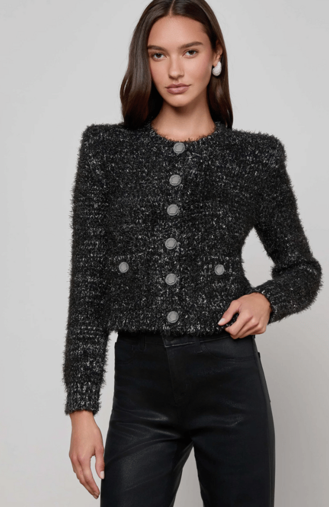 UNA KNIT CARDIGAN in BLACK/GUNMETAL LUREX-L'AGENCE-FLOW BY NICOLE CANADA