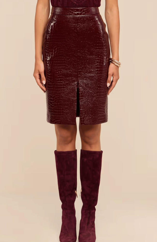 VIOLETTA VEGAN LEATHER SKIRT in DARK PORT CROC