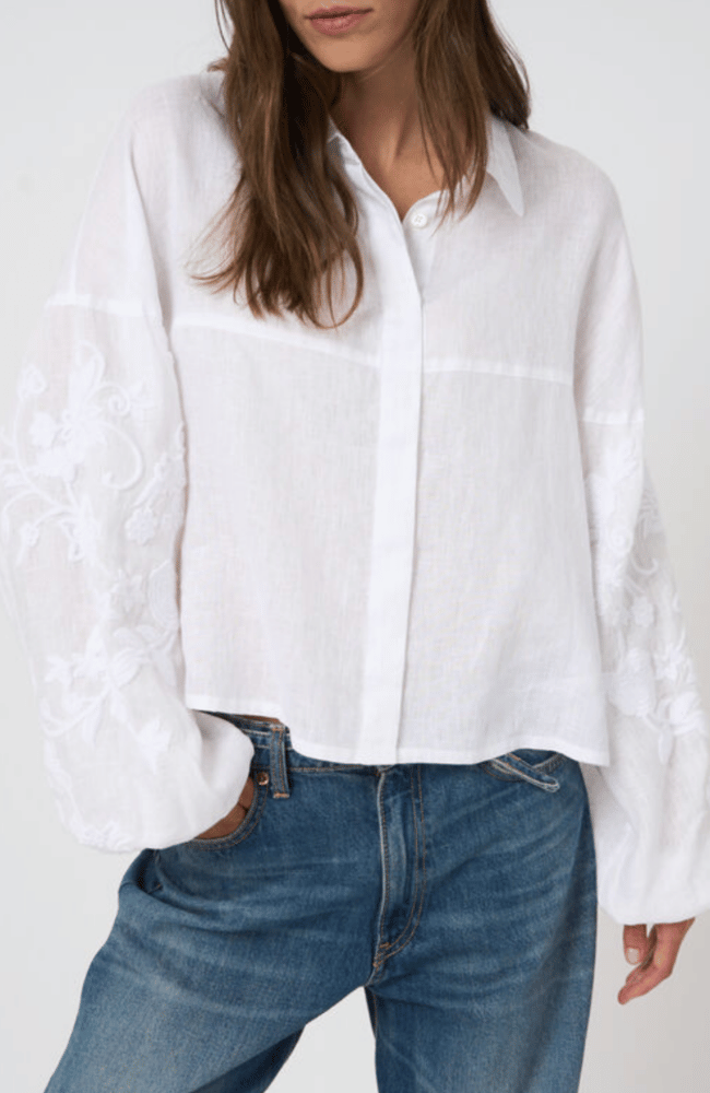 LINEN BLOUSE with EMBROIDERED SLEEVES in WHITE-REPEAT-FLOW BY NICOLE CANADA