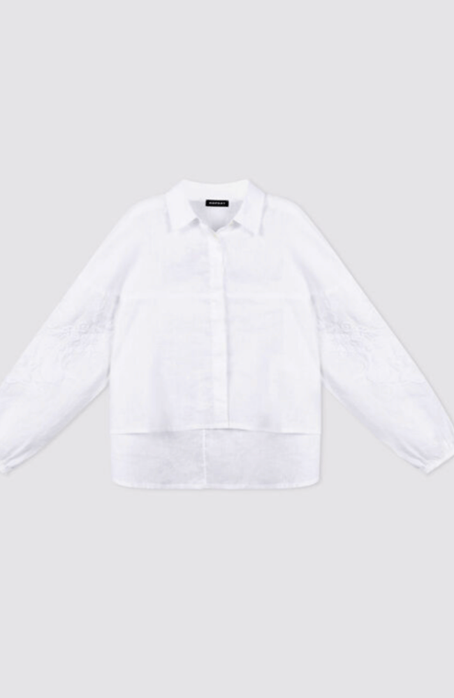 LINEN BLOUSE with EMBROIDERED SLEEVES in WHITE-REPEAT-FLOW BY NICOLE CANADA