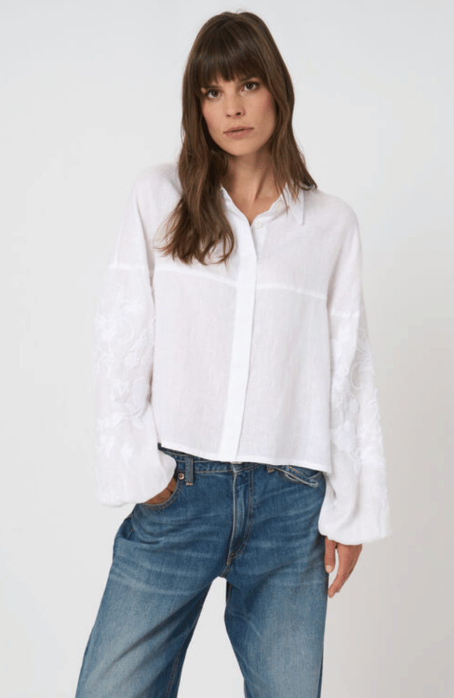 LINEN BLOUSE with EMBROIDERED SLEEVES in WHITE-REPEAT-FLOW BY NICOLE CANADA