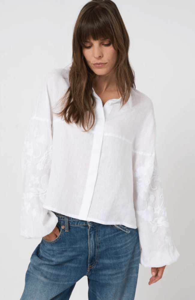 LINEN BLOUSE with EMBROIDERED SLEEVES in WHITE-REPEAT-FLOW BY NICOLE CANADA