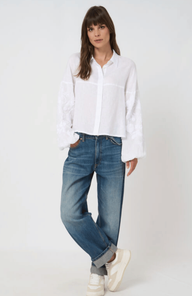 LINEN BLOUSE with EMBROIDERED SLEEVES in WHITE-REPEAT-FLOW BY NICOLE CANADA
