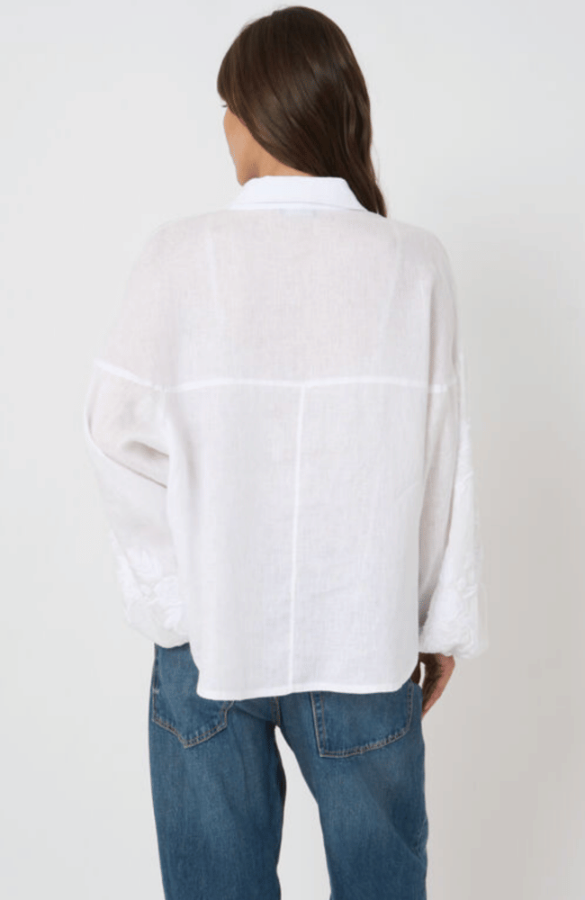 LINEN BLOUSE with EMBROIDERED SLEEVES in WHITE-REPEAT-FLOW BY NICOLE CANADA