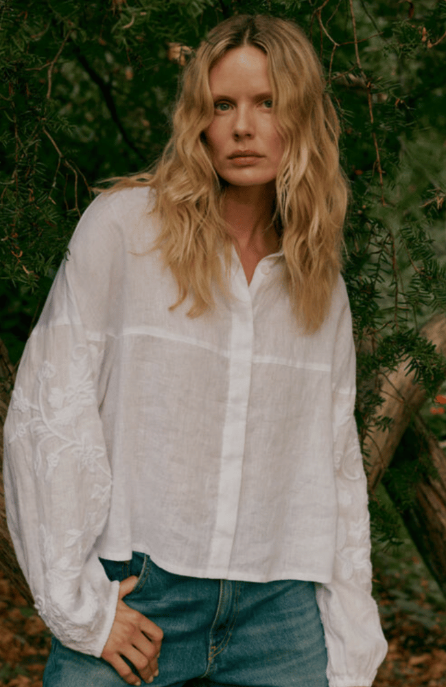 LINEN BLOUSE with EMBROIDERED SLEEVES in WHITE-REPEAT-FLOW BY NICOLE CANADA