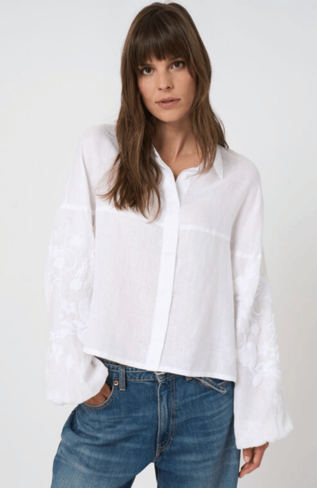 LINEN BLOUSE with EMBROIDERED SLEEVES in WHITE-REPEAT-FLOW BY NICOLE CANADA