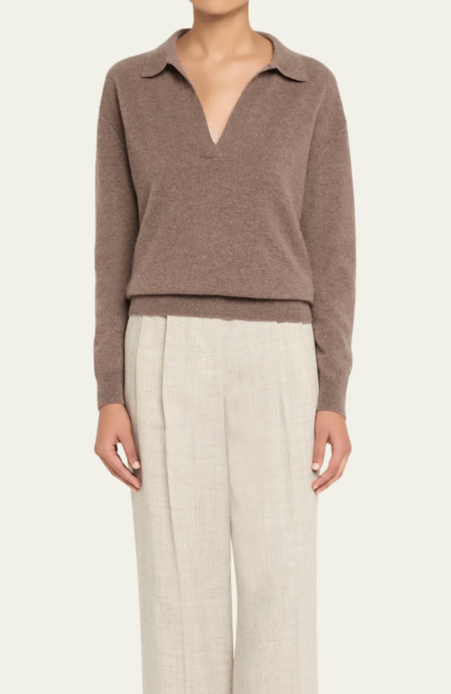 CASHMERE POLO SWEATER in BISON-MAJESTIC FILATURES-FLOW BY NICOLE CANADA