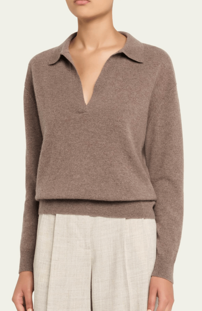 CASHMERE POLO SWEATER in BISON-MAJESTIC FILATURES-FLOW BY NICOLE CANADA