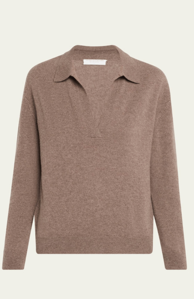 CASHMERE POLO SWEATER in BISON-MAJESTIC FILATURES-FLOW BY NICOLE CANADA