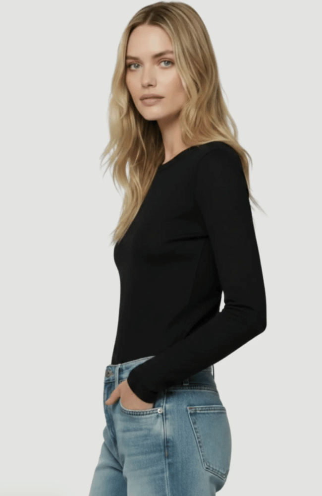 MACHINE WASHABLE CASHMERE LONG SLEEVE CREWNECK TSHIRT in NOIR-MAJESTIC FILATURES-FLOW BY NICOLE CANADA