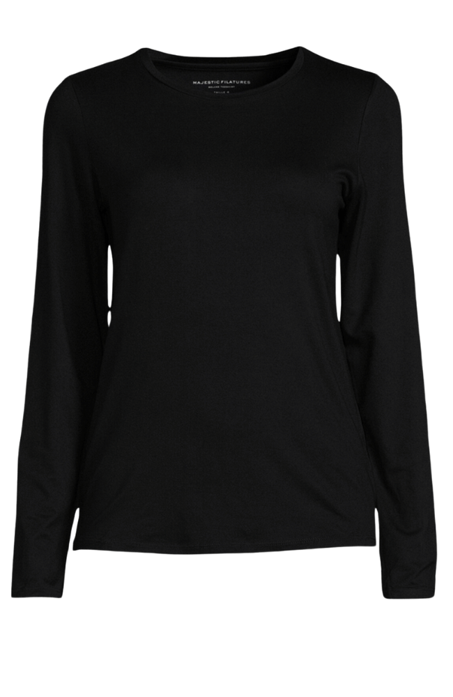 MACHINE WASHABLE CASHMERE LONG SLEEVE CREWNECK TSHIRT in NOIR-MAJESTIC FILATURES-FLOW BY NICOLE CANADA