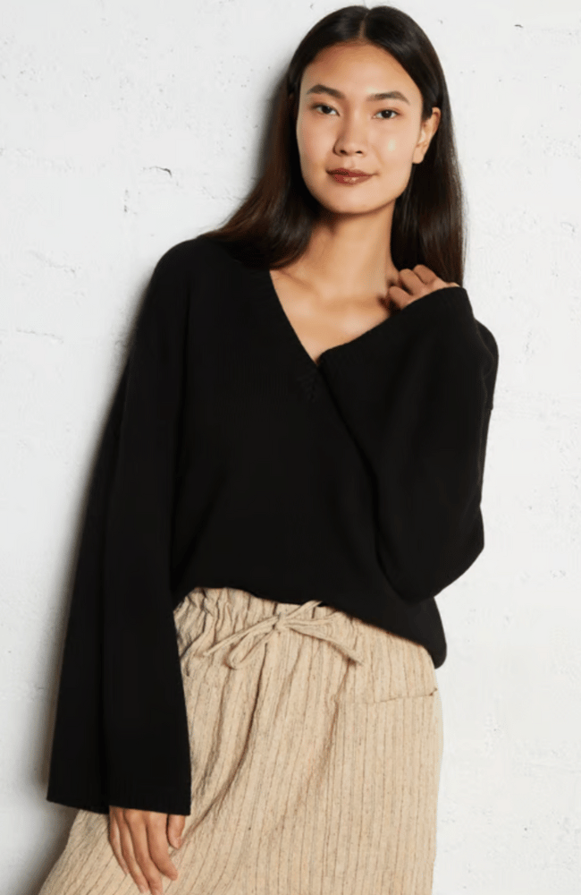 MERINO SEMI-RELAXED V-NECK SWEATER in NOIR-MAJESTIC FILATURES-FLOW BY NICOLE CANADA