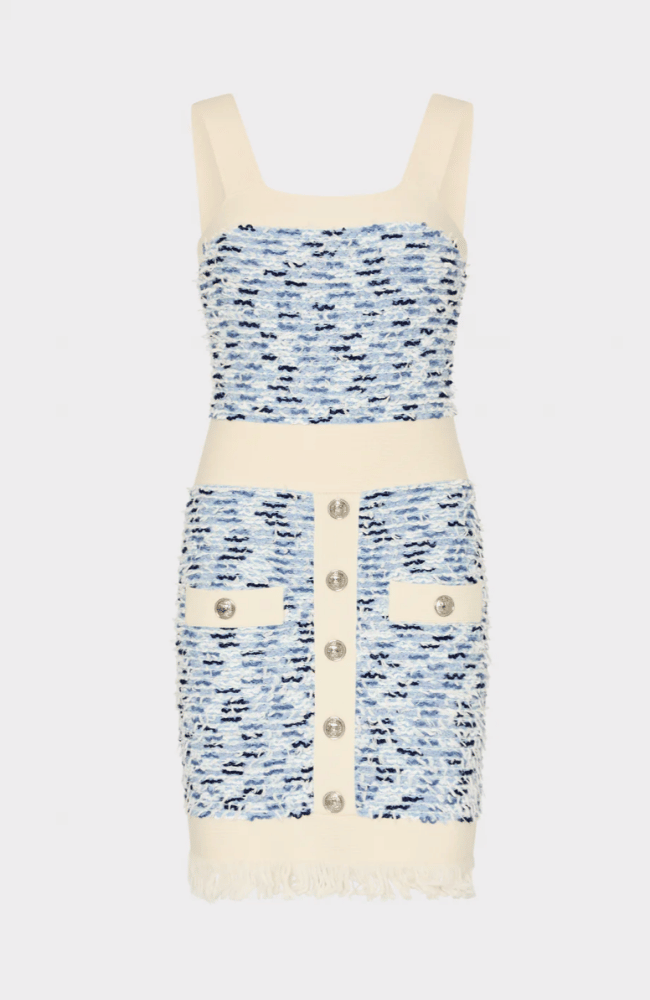 FRINGE TEXTURED TWEED MINI DRESS BLUE MULTI-MILLY-FLOW BY NICOLE CANADA