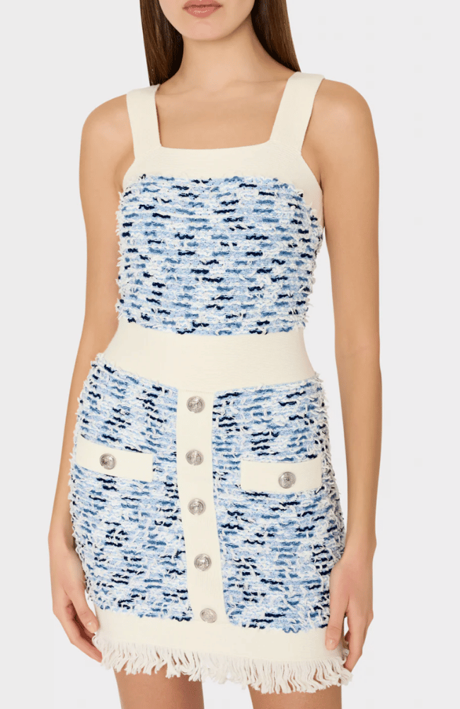 FRINGE TEXTURED TWEED MINI DRESS BLUE MULTI-MILLY-FLOW BY NICOLE CANADA