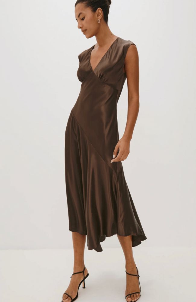ELENI DRESS in ESPRESSO-RAILS-FLOW BY NICOLE CANADA
